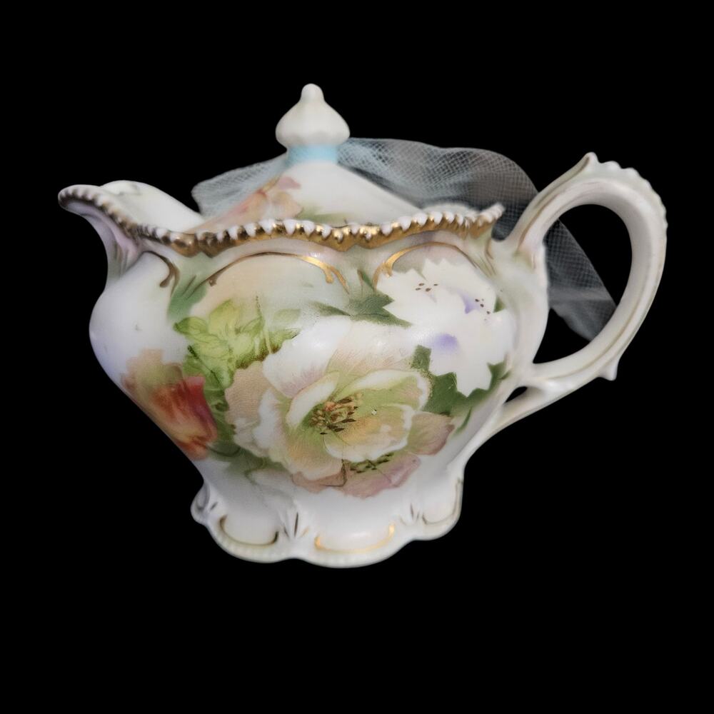 Antique RS Prussia Porcelain Floral Teapot Gold Trim Art Nouveau